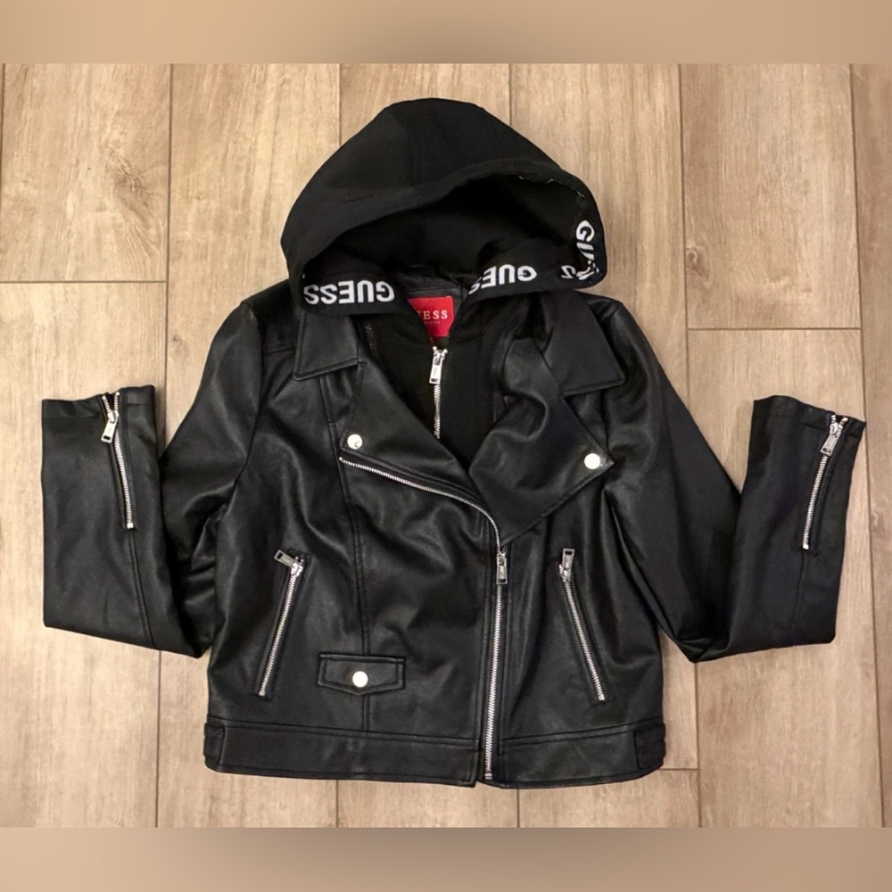 Guess Black Faux Leather Moto Jacket w/ Fleece Hoodie Small, Super Cute! - Picture 5 of 8